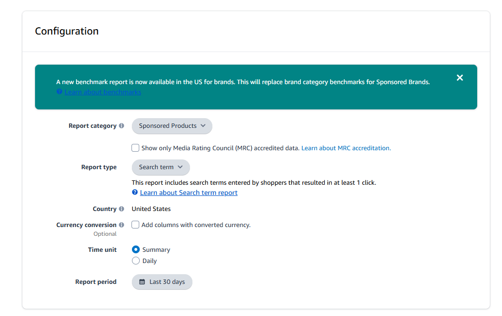 Amazon Advertising console showing the Sponsored Products search term report configuration with report type, country, and date range settings.