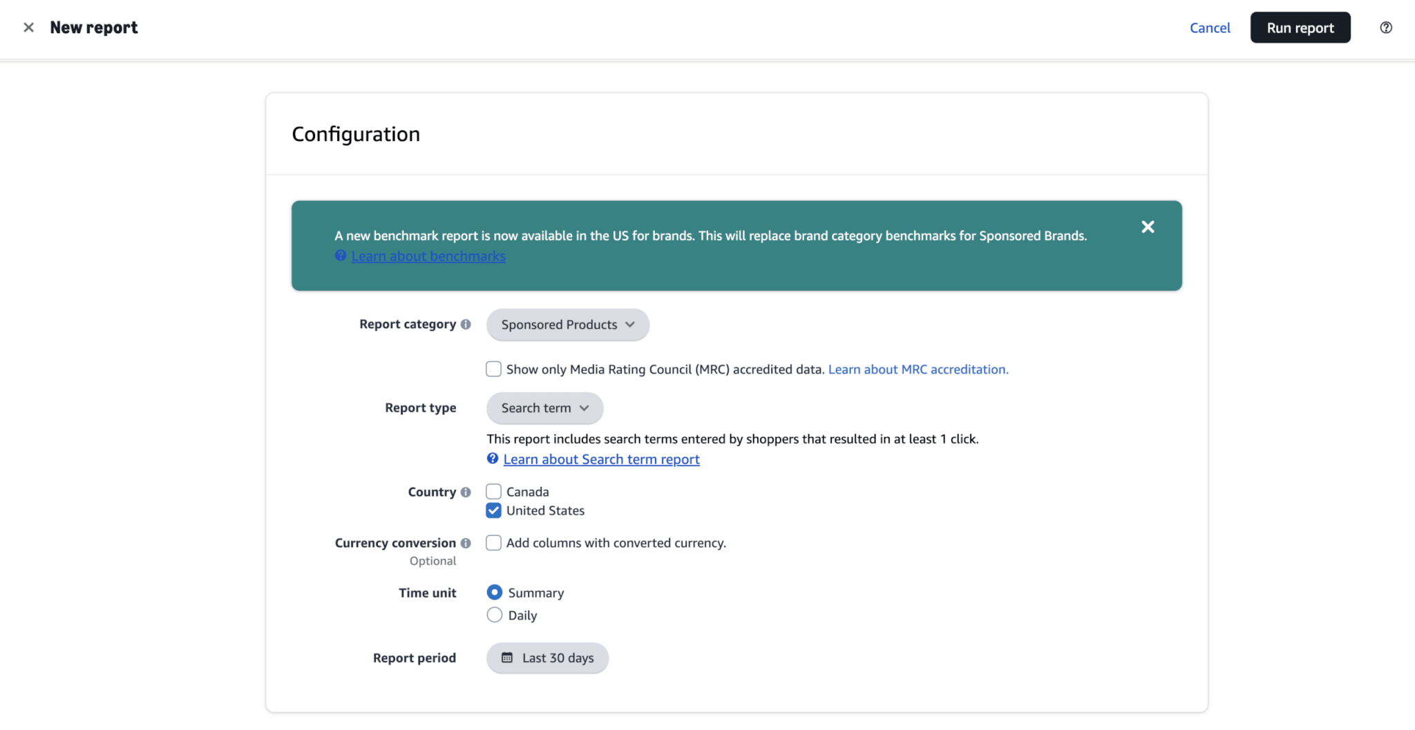 Amazon Advertising console reports dashboard showing available sponsored ads report types including search term, placement, and campaign reports