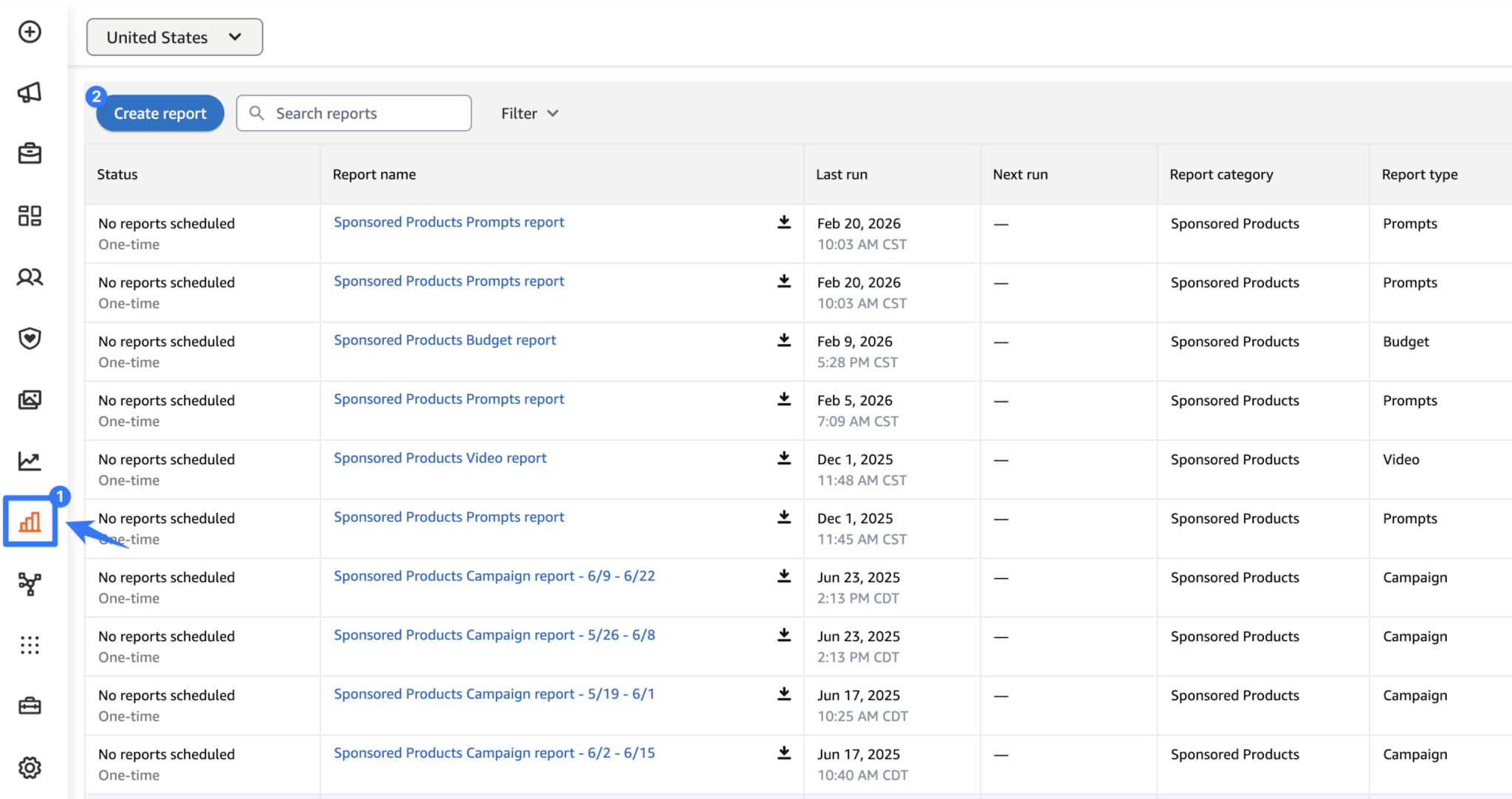 Amazon Ads search term report showing customer search queries, match types, impressions, clicks, spend and sales columns