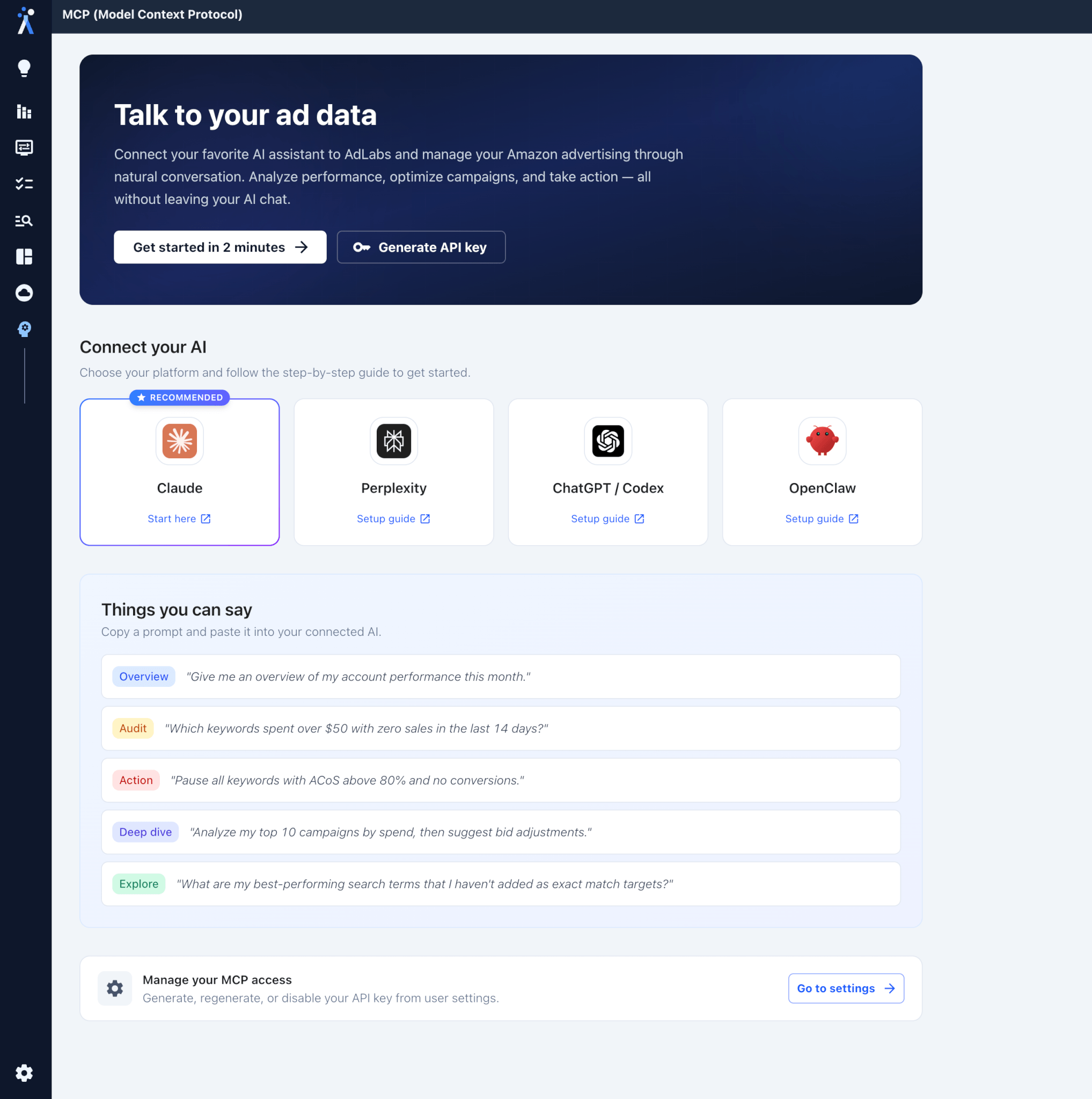 AdLabs MCP settings &mdash; connect any AI agent and generate an API key for Amazon PPC AI workflows